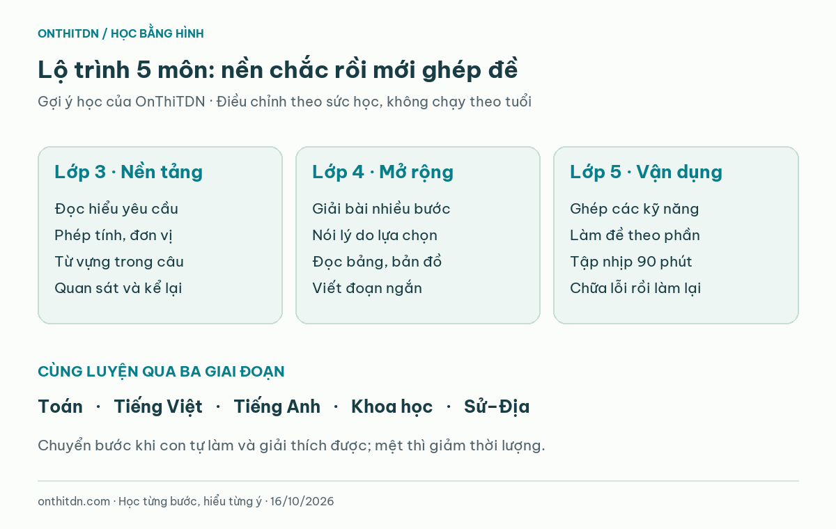 Lộ trình năm môn từ nền tảng lớp 3, mở rộng lớp 4 đến vận dụng lớp 5